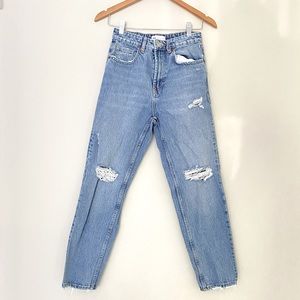 ZARA Blue High Rise Distressed Mom Jeans